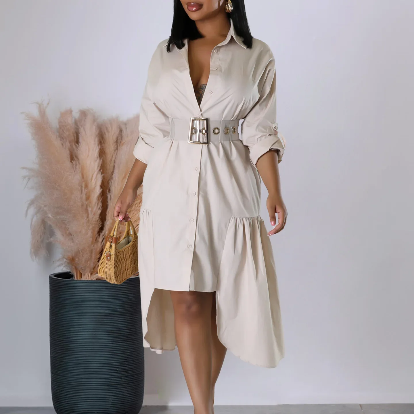 Shirt Dress for Women Long Lantern Sleeves Turn Down Collar Irregular Length Female Elegant Office Ladies Female Gowns New