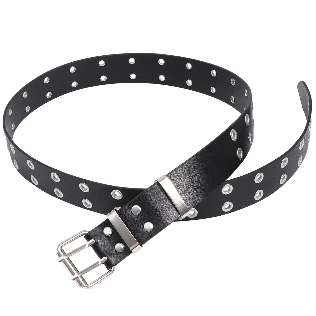

Punk Style For Women Men, Durable Pu Waist Belt With Iron Buckle, Double Row Holes Simple Belt For Jeans Pants