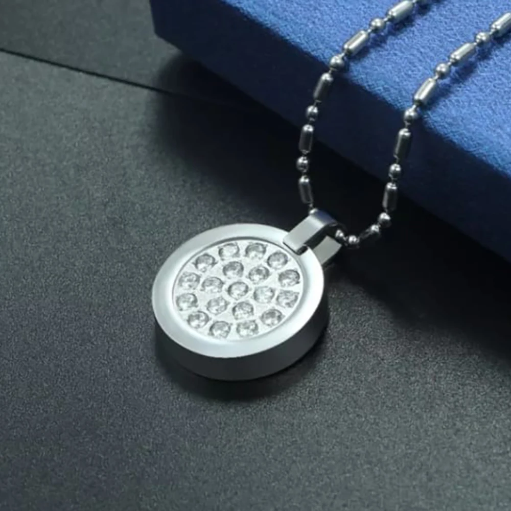 Runde Edelstahl-Halskette für Damen, modischer vulkanischer Stein, Negativ-Ionen-Anhänger, EMP-Schutz mit Schmuckschatulle, Geschenke für die Gesundheit – Detail 6