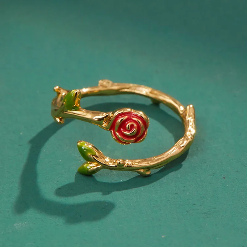 

Elegant Retro French Rose Bud Green Leaf Petal Garland Creative Ring Wedding Ring Sets for Women Adjustable Ring