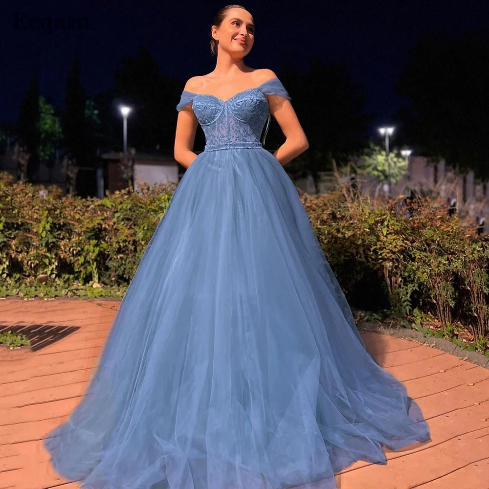 

Eeqasn Dusty Blue Appliques Lace Prom Dresses Off The Shoulder See Through Top Formal Special Party Dress Women Evening Gowns