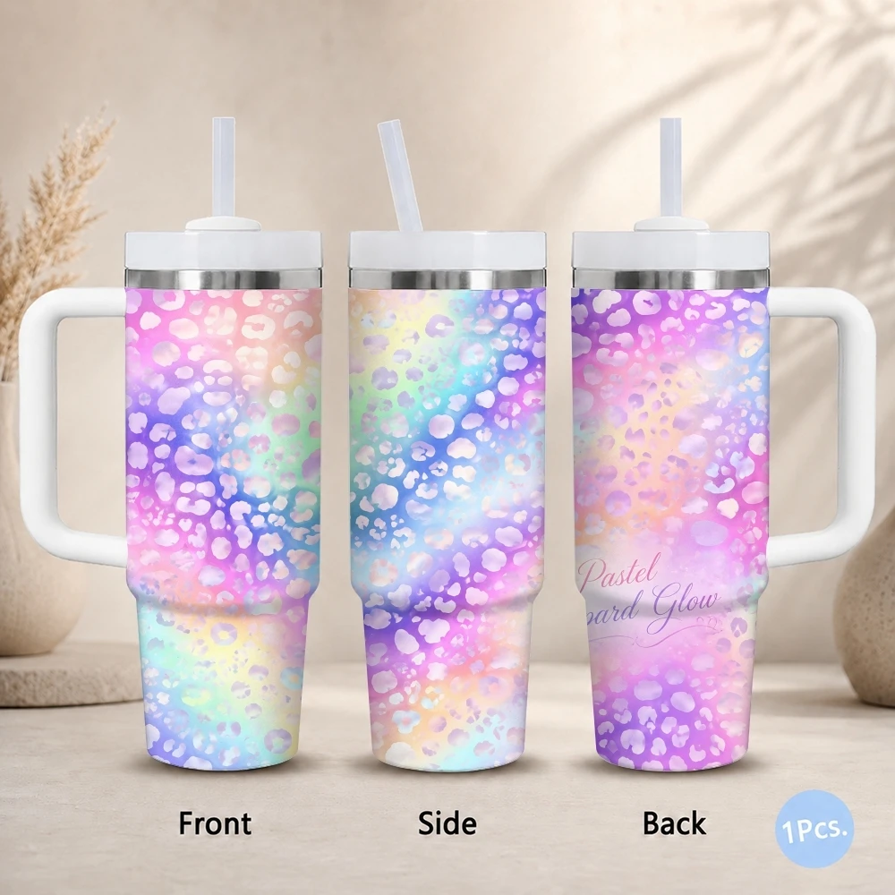 Fashion Colorful Rainbow Leopard Vacuum Flasks 40oz Stainless Steel Insulated Tumbler With Handle & Straw Leakproof Travel Mug