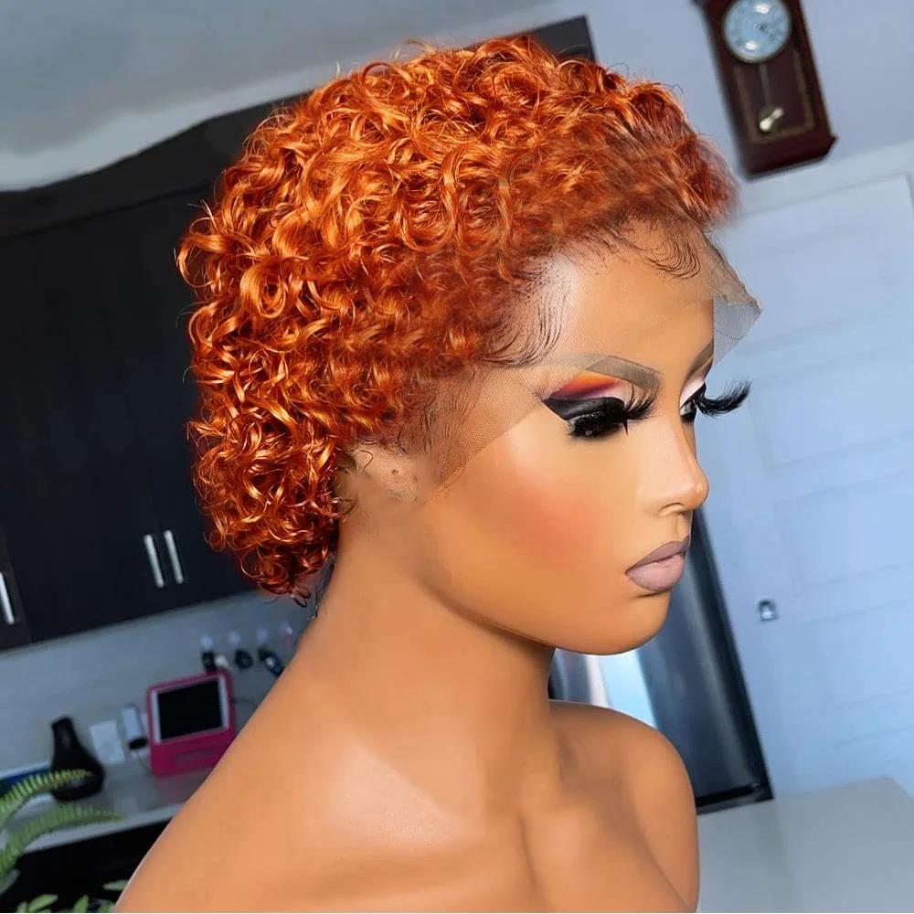 Peluca de Cabello Humano Corto y Rizado Estilo Pixie, Color Naranja Jengibre, con Encaje 13x1, Pre-Desplumada, Pre-Cortada, 8 Pulgadas, Cabello Virgen Brasileño Real