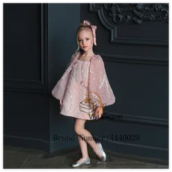 Pink Scoop Flower Girl Dresses with Sequined Summer New Full Sleeve Above Knee Length Wedding Party Gowns for Birthday