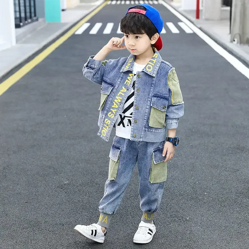 

Spring Autumn 2 Piece Suit Casual teen Boys Letter Clothes Set Kid jacket Top + Denim Pants set 6 8 10 12 14 years