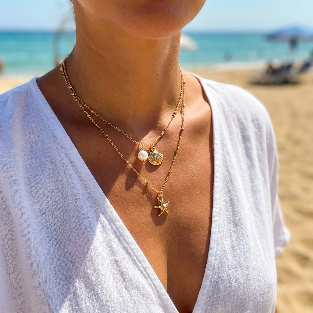 Minimalistische Seestern-Kugelketten-Halsketten für Frauen Doppelschichtige Metall-Muschel Seestern-Anhänger Halsketten Urlaubsparty-Schmuck – Detail 1