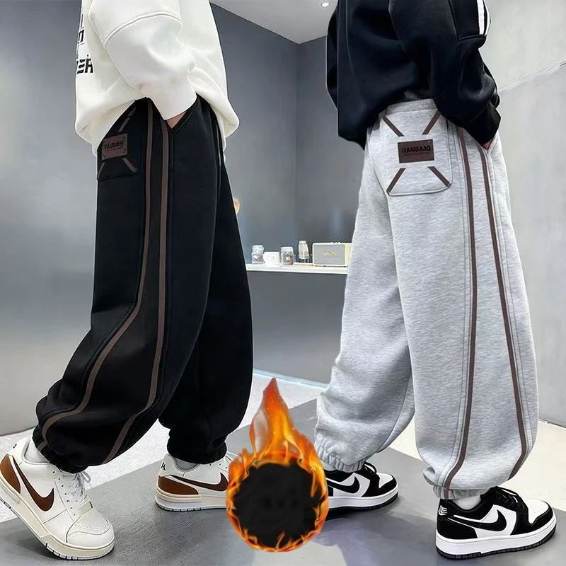 Children Boys Fleece Pant UNITIM Winter 4-14Yrs Kids Boys Sports Pants Elastic Waist Sticker Pocket Plush Thick Warm Sweatpants