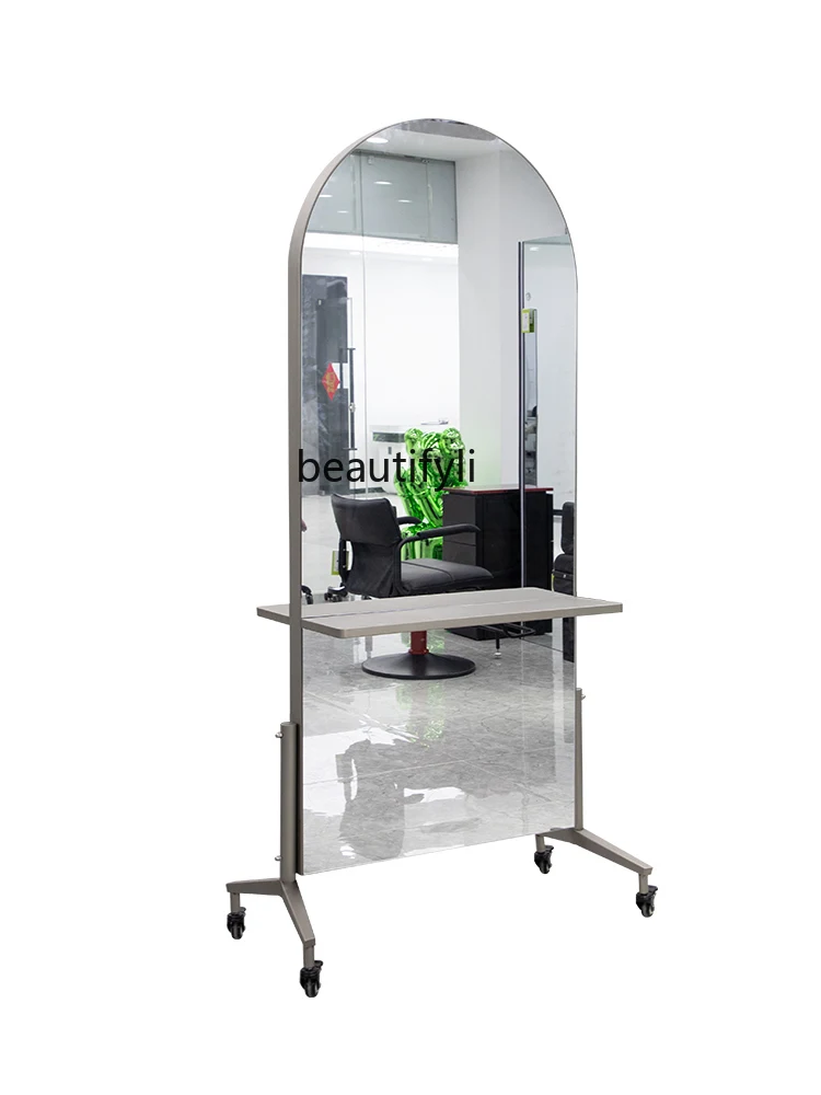 Hair Salon Dressing Table Teaching Special Movable Stainless Steel Floor Full-Length Mirror Double-Sided Mirror