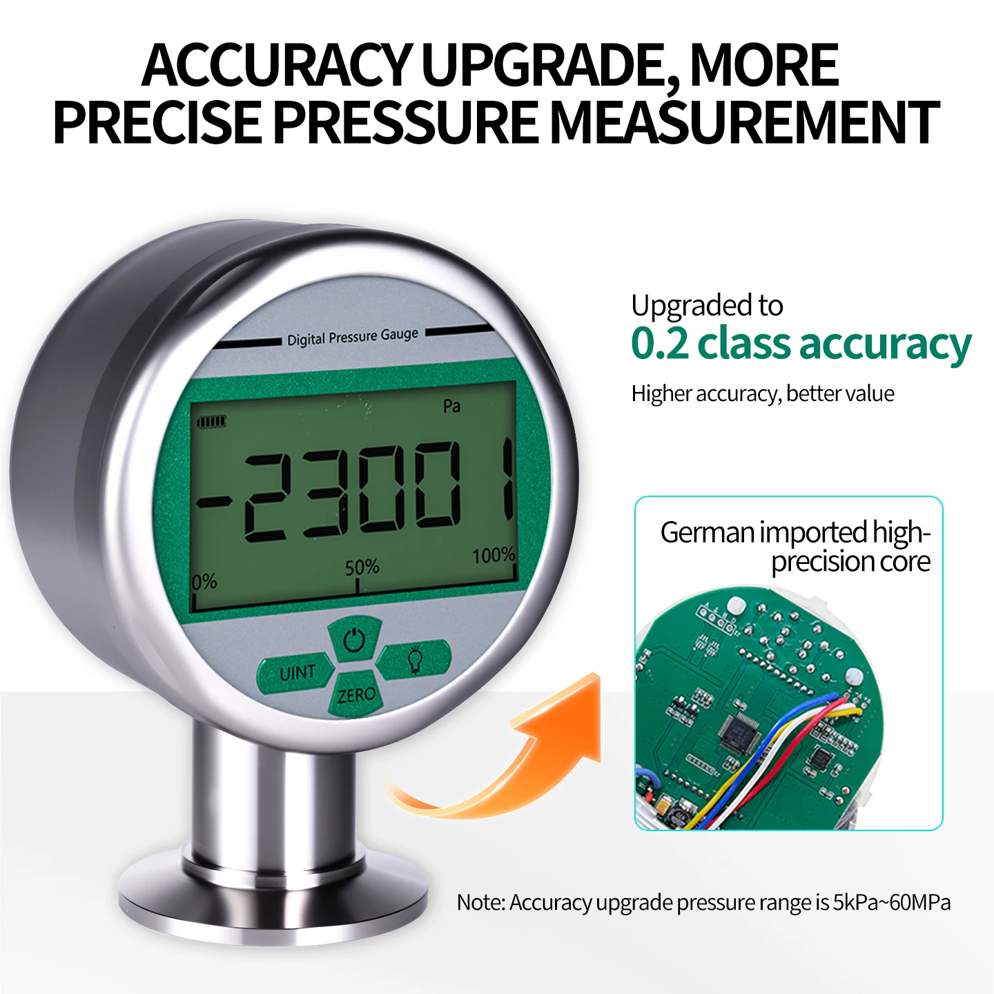 Anti-Clogging Sanitary Pressure Gauge Flush Diaphragm No Dead Zone Easy Clean for Viscous Liquid & Slurry Digital Pressure Meter