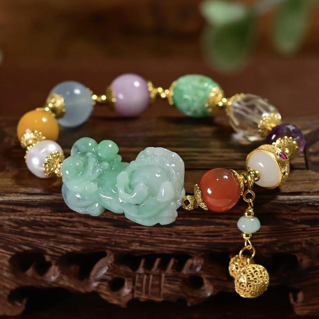

Natural Grade-A Jadeite Bracelet, Amber Aquamarine Red Agate 925 Silver Gold Plated Hollow Pendant, Chinese Healing Jewelry