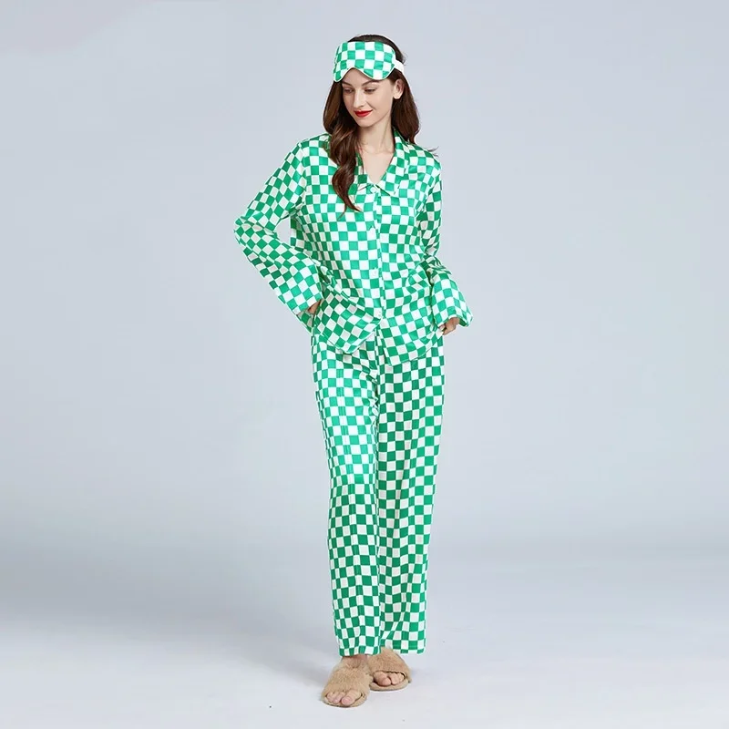 19mm Classic Checkerboard 100% Mulberry Silk Pajamas Women Set Summer Autumn Spring Long-sleeved Two-piece Set Silk Sleepwear