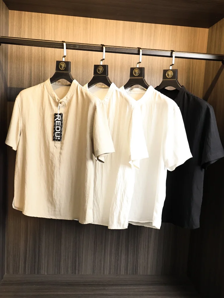 

Henry Collar Design Men's Short Sleeve Shirt Breathable Skin-friendly Cool Sensation Half Open Collar Fashionable Summer Shirt