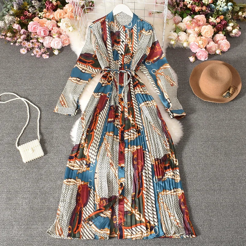 

Spring Women Stain Long Dress Stand Collar Black and Beige Geometric Printed Long Sleeves Single Button Mid-calf Pleated Dress