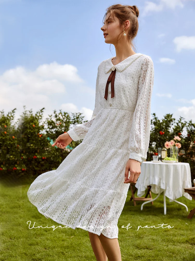 

OLrain Women's Lace Dresses 2025 Elegant Long Sleeve Waist A Line Layered Midi Dress Casual Solid Bow Ladies Clothes O21QL55689