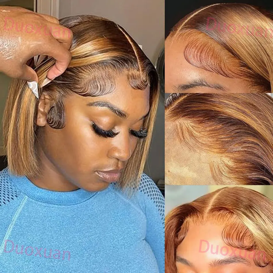 427 ハイライトボブウィッグ人毛ストレート13x4 HDレースフロントプレプラッキング済み200%密度オンブレハニーブロンドブラウンショートボブウィッグ