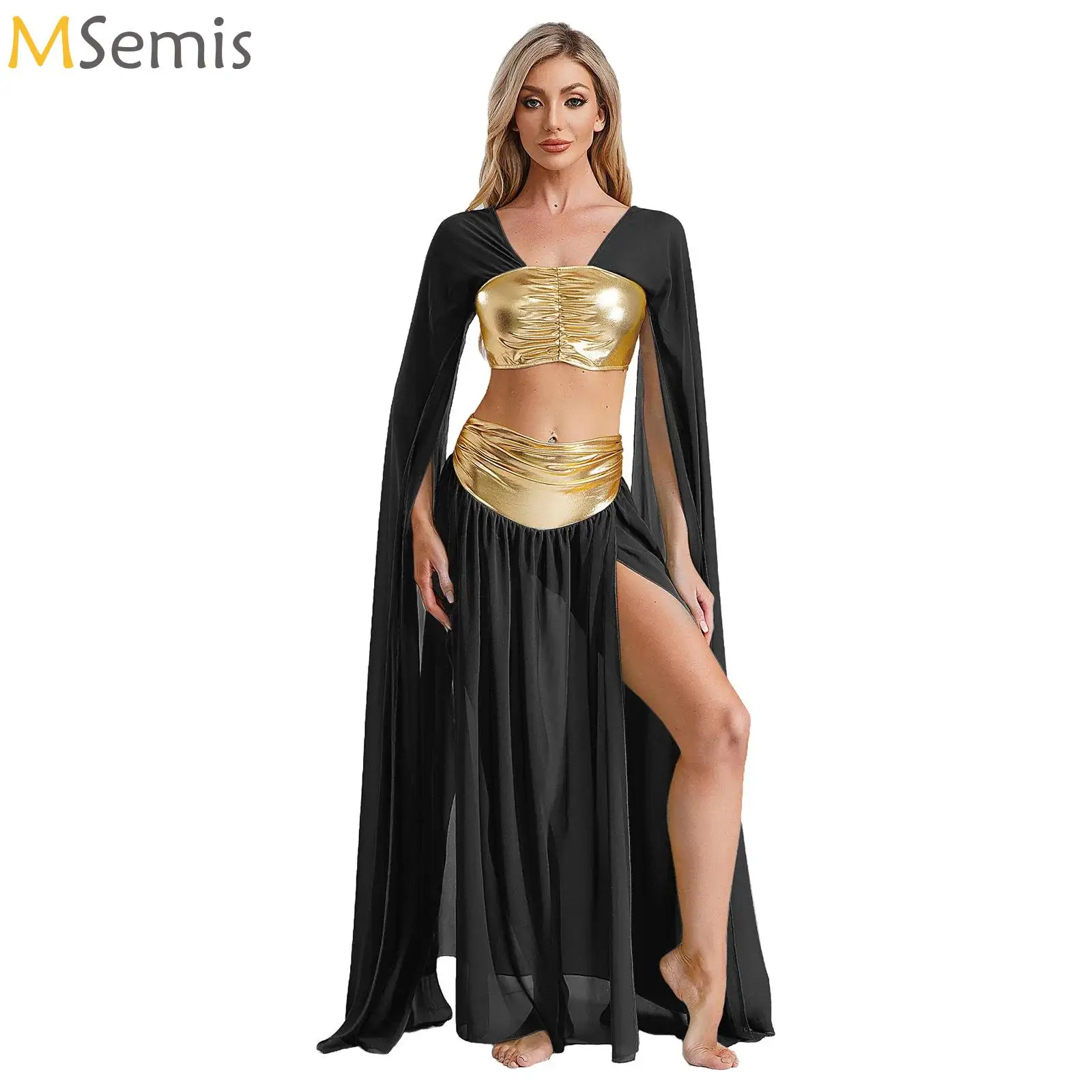 

2Pcs Womens Ancient Roman Greek Athena Egyptian Cleopatra Cosplay Costume Crop Top And Split Skirt Set Grecian Princess Clothing