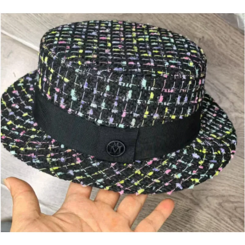 2027 French Tweed Flat Top Hat Women's Autumn and Winter Thermal Top Hat Mixed Color Fashion Versatile Flat Edge Basin Hat
