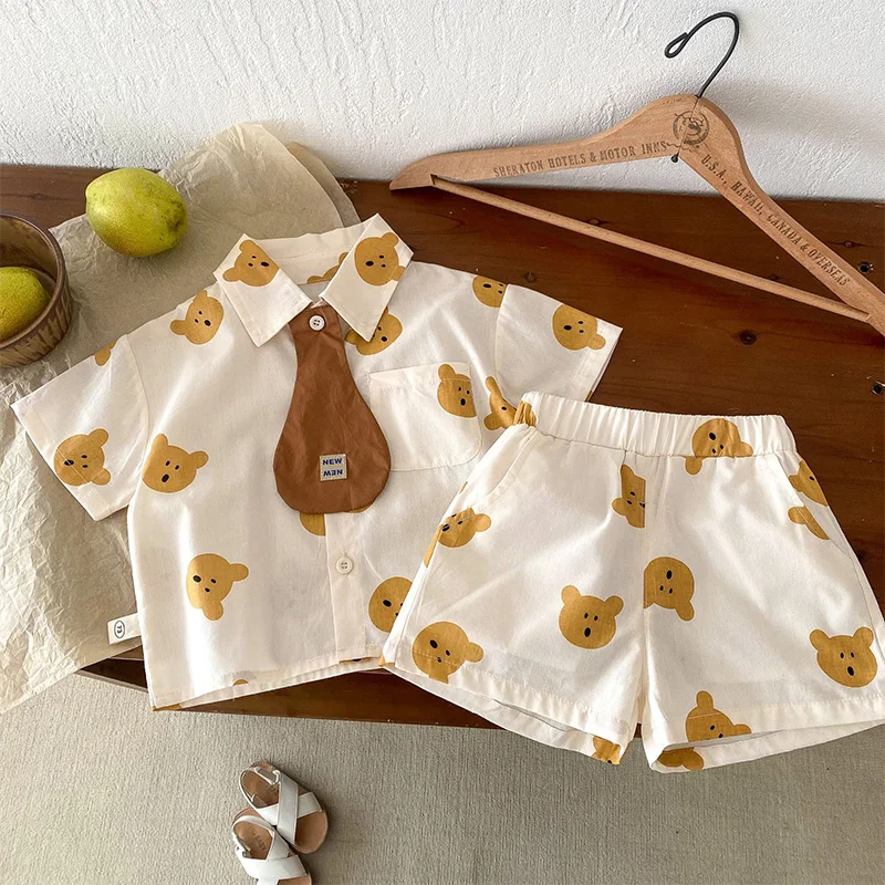 

Summer Kids Clothes Suit Cartoon Bear Shirt Shorts Two-Piece Set Korean Baby Clothing for Boys Girls Toddler Infant Costume 0-4T