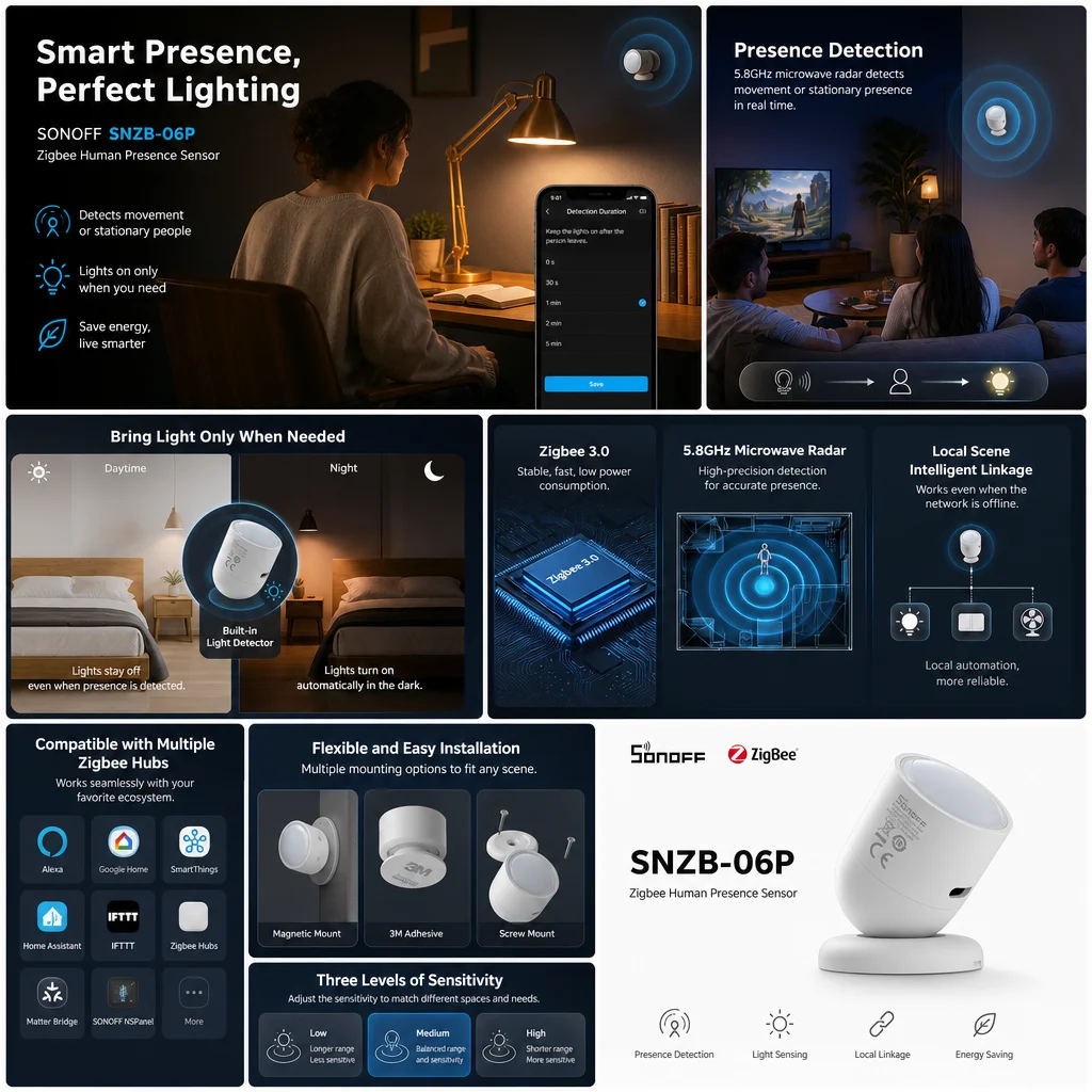 SONOFF SNZB-06P Zigbee Human Presence Sensor 5.8GHz Microwave Radar Smart Home Works with SONOFF NSPanel Pro, IHost, ZB Bridge-P