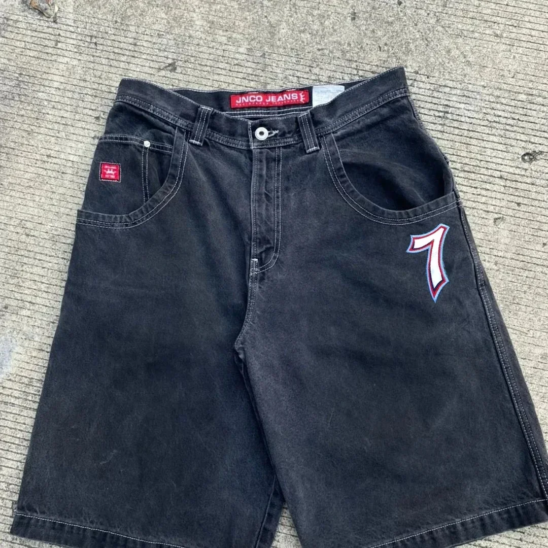 JNCO-Short de fitness en denim imprimé à motif de chauve-souris pour hommes, Streetwear Goth, Harajuku, Retro At, 2024