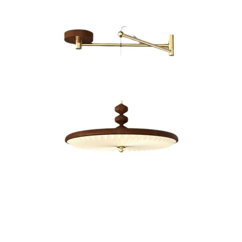 American retro walnut Italian flying saucer, pleated tea room dining table bar swing arm chandelier