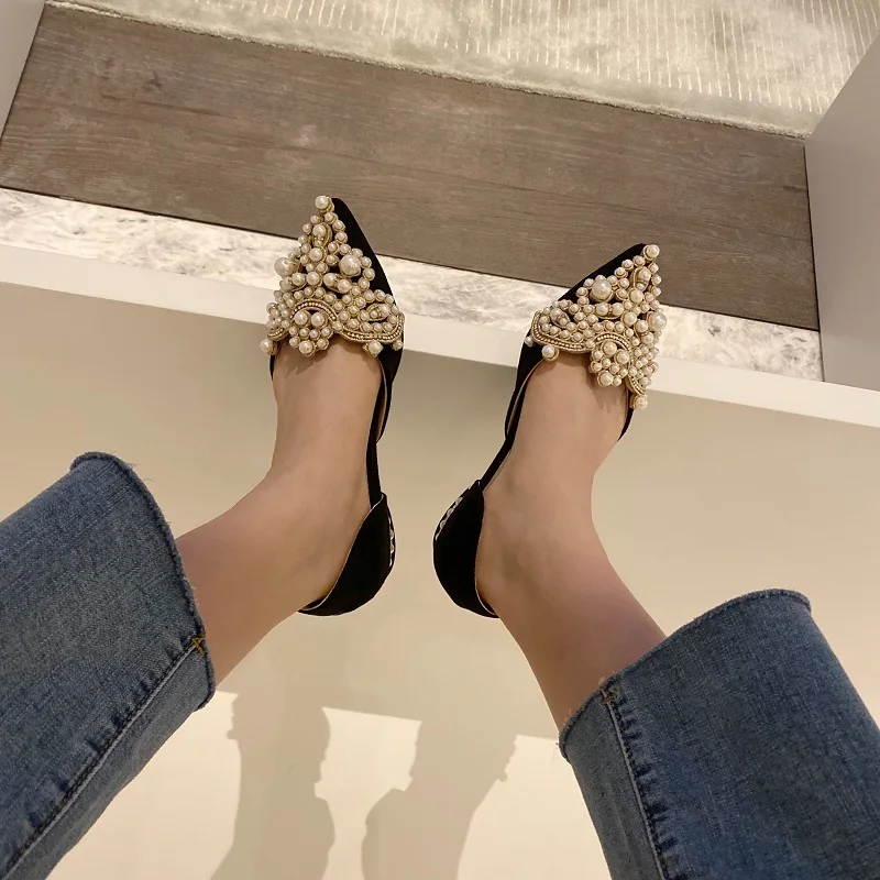 New 2022 Trend Pearl Ballet Flats Women Pumps Floors Shoes Without Heels Loafers Female Dress Moccasins Ladies Luxury Autumn PU