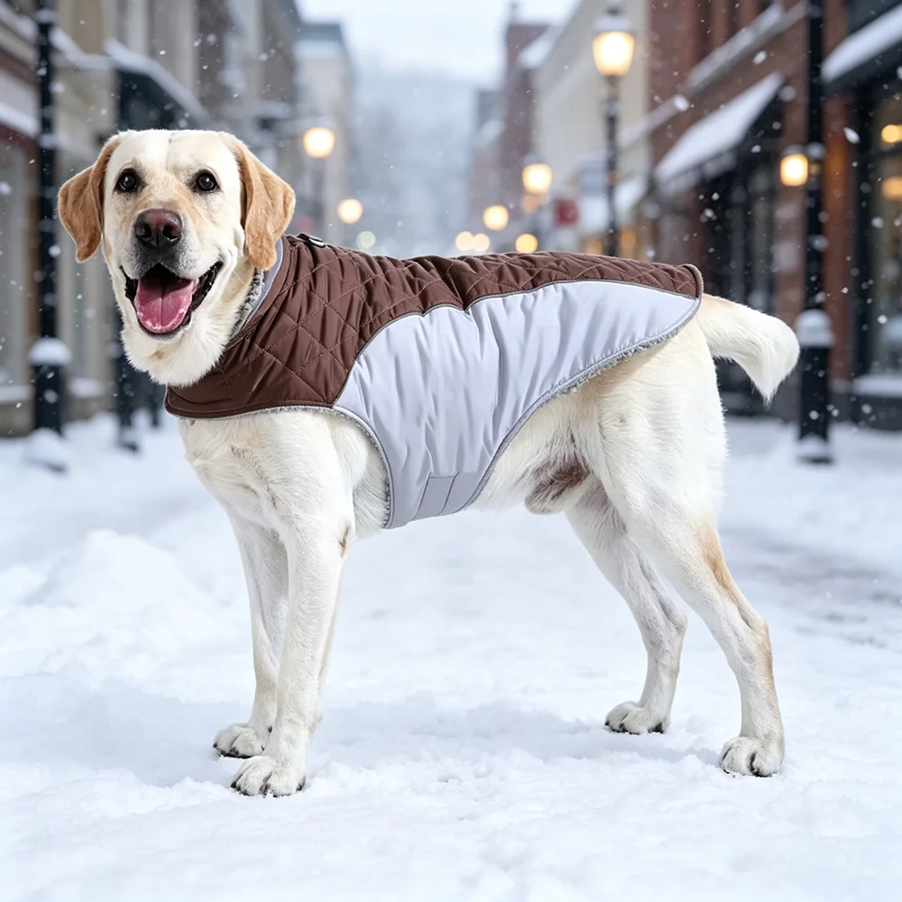 Winterwarme große Hundekleidung, reflektierende Haustierweste, dicke, mit Fleece gefütterte Jacke, Oberbekleidung für mittelgroße und große Hunde, Labrador, Mops. – Detail 17
