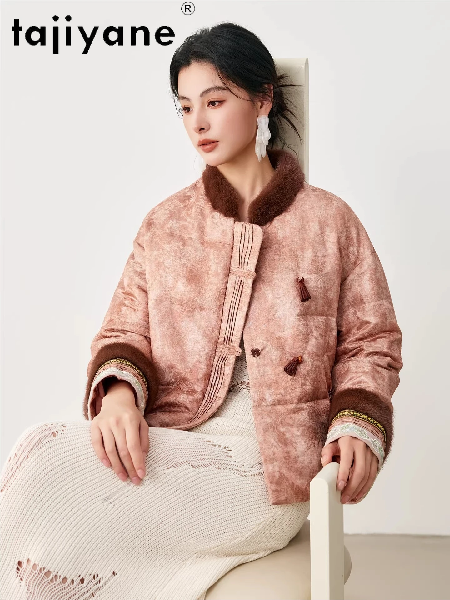 TAJIYANE 90%グースダウンジャケット レディース ショートジャカードダウンコート ミンクファーカラー パファージャケット 2025冬 レディース服 ダウンジャケット