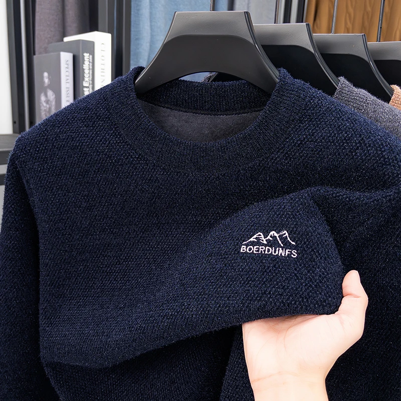 

New Thick Round Neck Embroidered Warm Men's Knitted Sweater Solid Color Loose Large Size Long Sleeve T-shirt for Men Sweaters