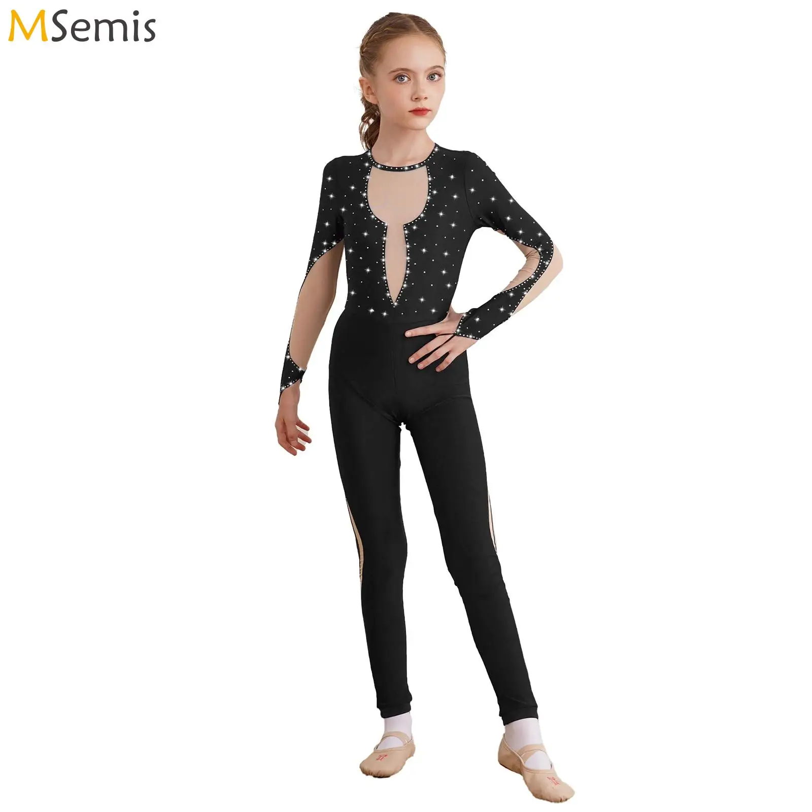 

Kids Girls Gymnastics Leotards Ballet Dance Jumpsuit Acrobatics Long Sleeve Full Bodysuit Figure Skating Performance Unitards