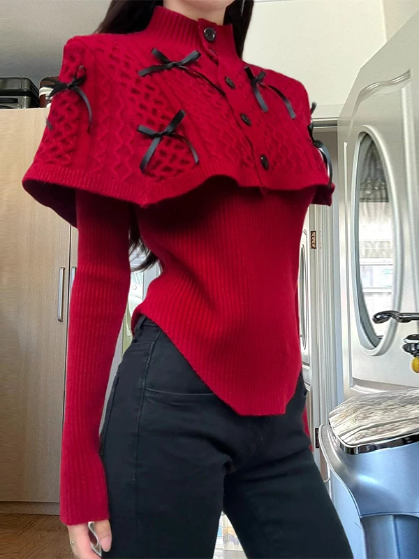 

Korean Sle Red Cloak Sweater Women's Autumn Winter High Faion Knitted Top And Bot Set Sweet Fit Polyester Long Sve