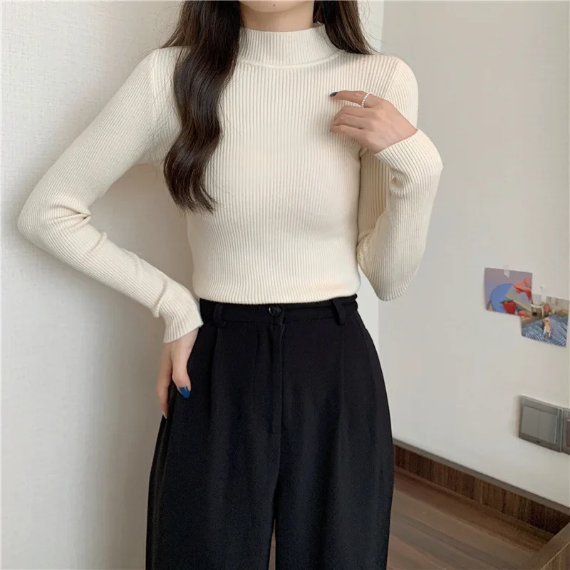 Pull Vintage à Col Montant pour Femme, Vêtement Basique, Solide, Décontracté, Slim, Coréen, Simple, Chic, Automne Hiver