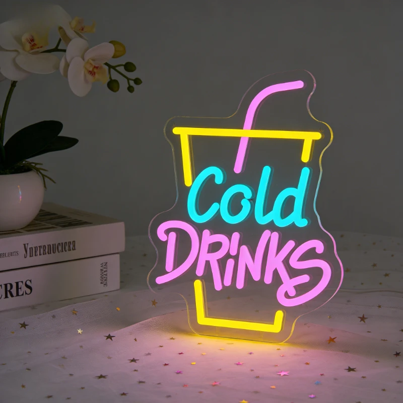 

Cold Drinks Neon Sign LED Night Light 3D Acrylic Aesthetic Wall Art USB Rechargeable for Home Bar Kitchen Cafe Shop Decor