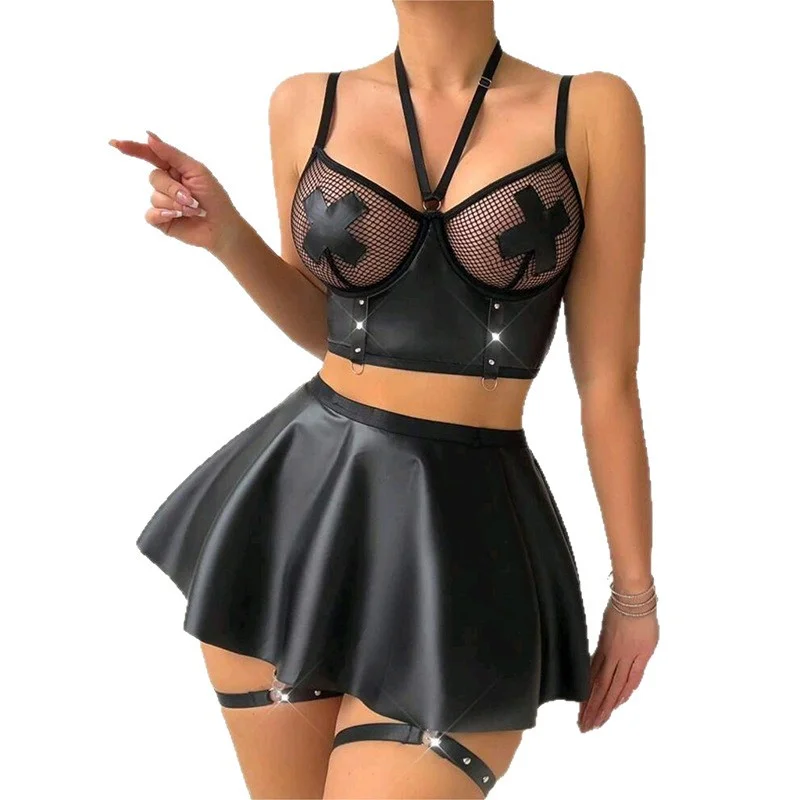 

Sexy Women Halter Fishnet Leather Patchwork Bra Skirt 2PC Set with Leg Circles Erotic Cross Cover Latex