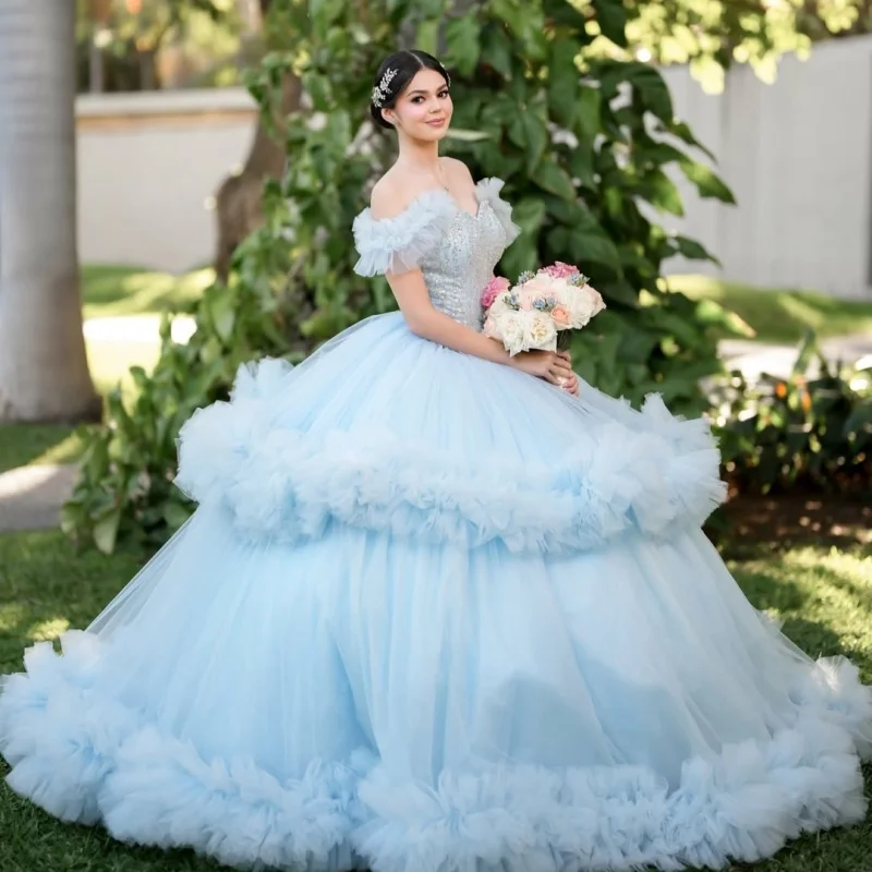 

Light Blue Quinceanera Dresses Off the Shoulder Glitter Crystal Decal Lace Ruffles Long tail Vestido e 15 Quinceanera Customize