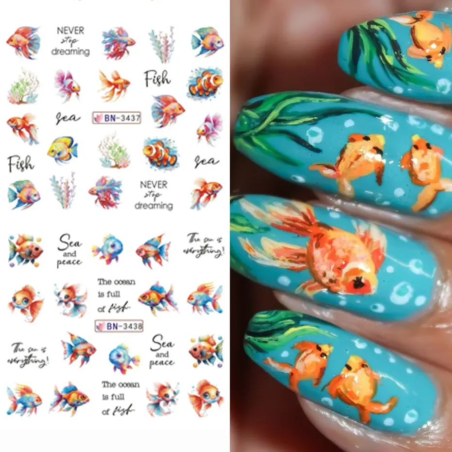 12 Design Creatura dell'oceano Adesivo per unghie ad acqua Cartoon Estate Mare Conchiglia di pesce Alghe Decalcomanie per unghie Carino 3D Trasferimento per unghie Cursore d'acqua