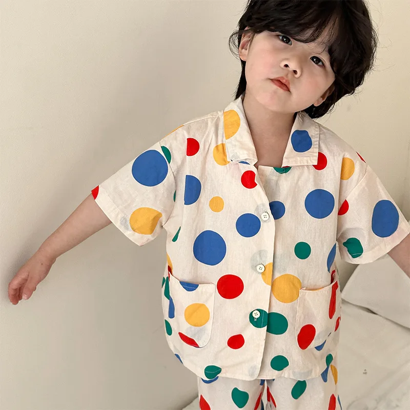 2024 Summer brother and sister clothes colorful dot clothing boys short sleeve shirt shorts 2pcs set girls bishop sleeve dress