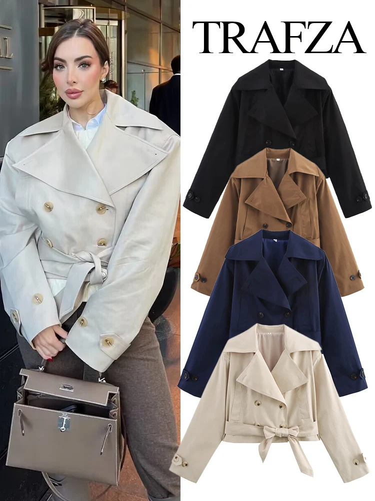 

TRAFZA Women's Autumn Fashion Lapel Double Breasted Lace-up Short Coat Female High Street Casual Pocket Top 4-Color Loose Jacket