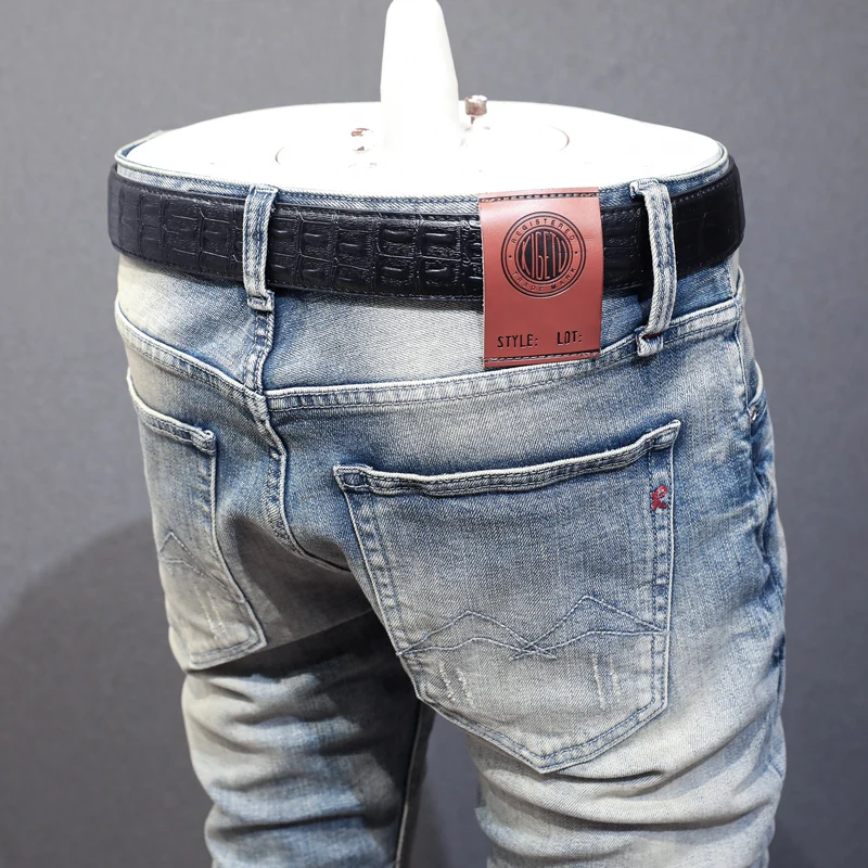 Newly Designer Fashion Men Jeans Retro Light Blue Plain Washed Elastic Slim Fit Ripped Jeans Men Vintage Denim Pants Hombre