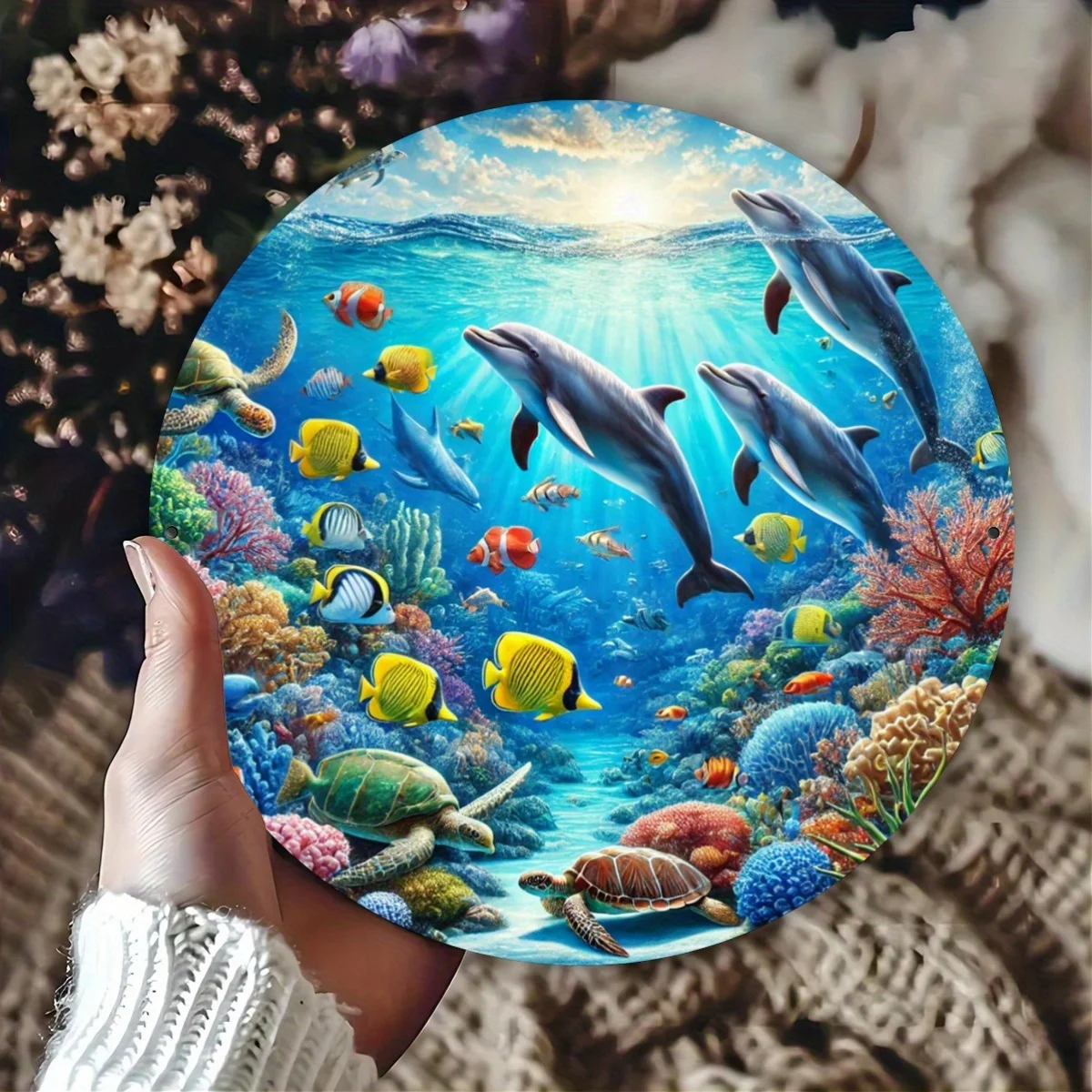 1 Stück, Ocean Life Schwimmmuster, Flachdruck-Metallschild, runde Blechwandkunst, 20,32 x 20,32 cm, Bar, Café, Club-Dekoration, Künstlerbedarf