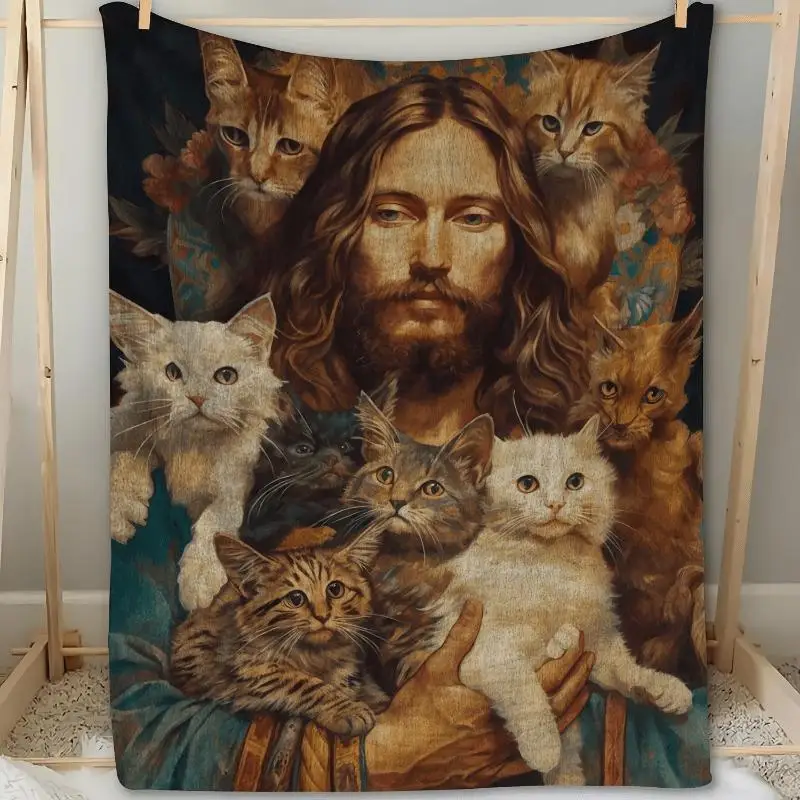 Oil Painting Cat Jesus Print Flannel Blanket - Soft Warm All-Season Nap Blanket for Office Camping Travel and Multipurpose Gift