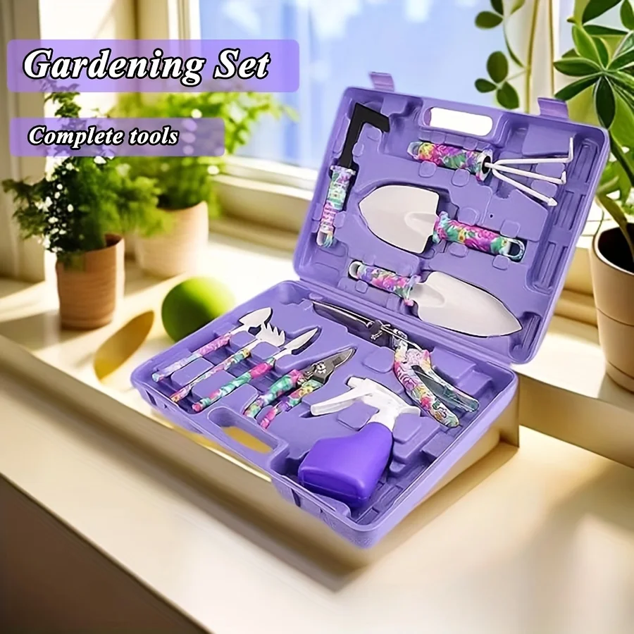 Juego de herramientas de jardín de acero inoxidable de 10 piezas con podadora, paleta, rastrillo, rociador para caja de regalo de jardinería casera