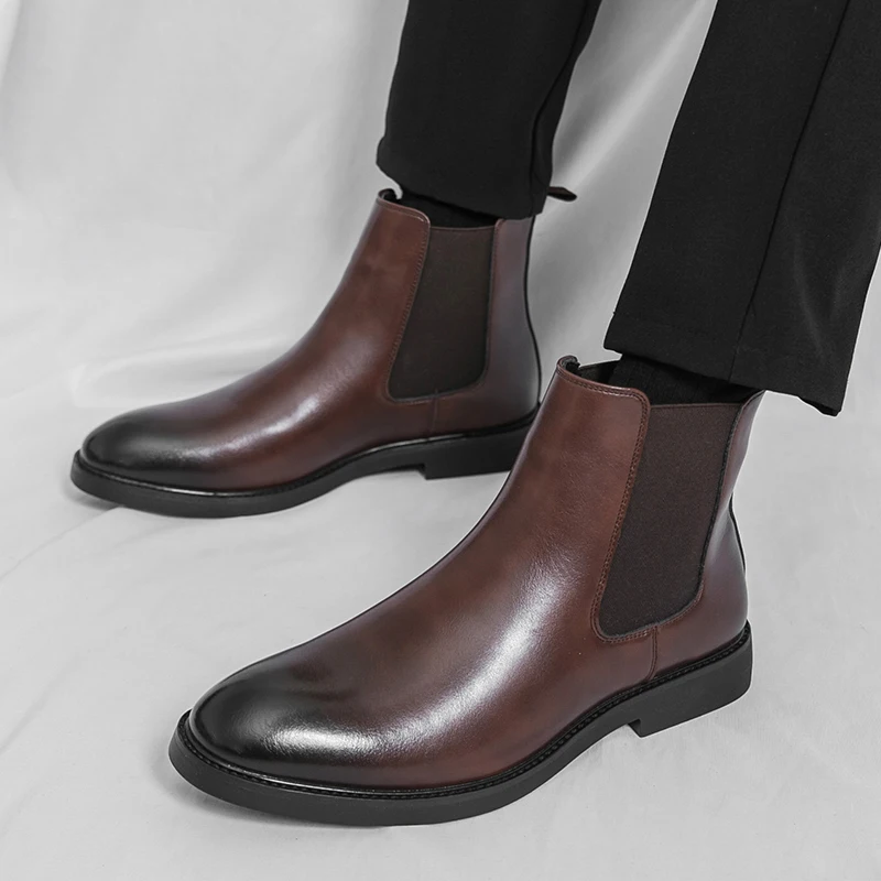 Men Gradient Leather Chelsea Boots Elastic Side Slip on Ankle Booties Pointed Toe Formal Business Daily Commute Dress Footwear