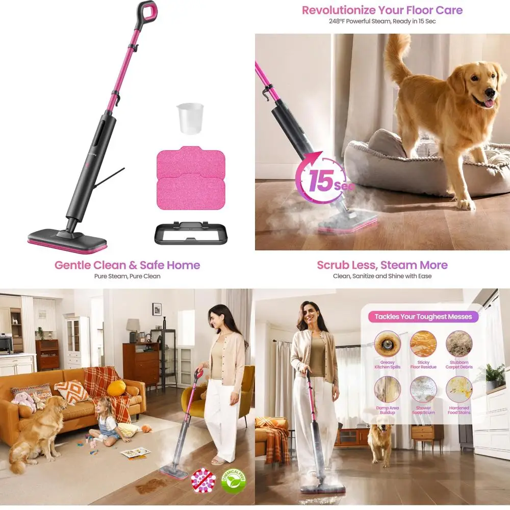

Powerful Steam Mop Cleaner for Hardwood, Tile, Laminate Floors and Walls - Fast Heat-Up, Chemical-Free, Washable Pads, Long-Last