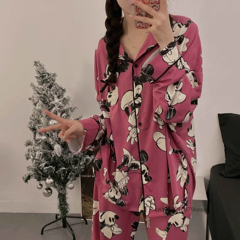 Disney Mickey Spring Autumn Cute Cartoon Pajamas Women\'s Long Sleeve Casual Home Clothes Set Simple Style Niche Fashion Pajamas