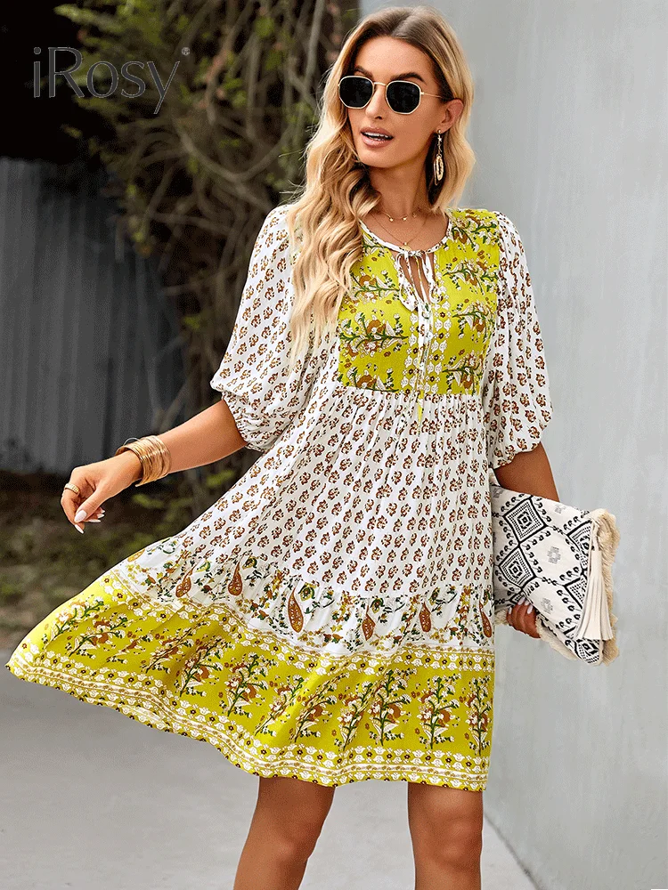 Elegant and Chic Fixed Pattern Design Short Lanten Sleeve Bohemian Viscose Dress for Women Summer Vacation Home Dresses Clothing