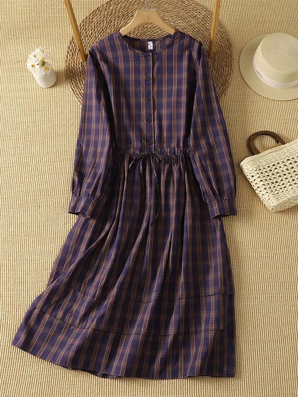 Casual Long Sleeve Loose Fit Long Dress round Neck Tie Waist Plaid Split Women's plus Size Clothing Korean Style Shirt Dress