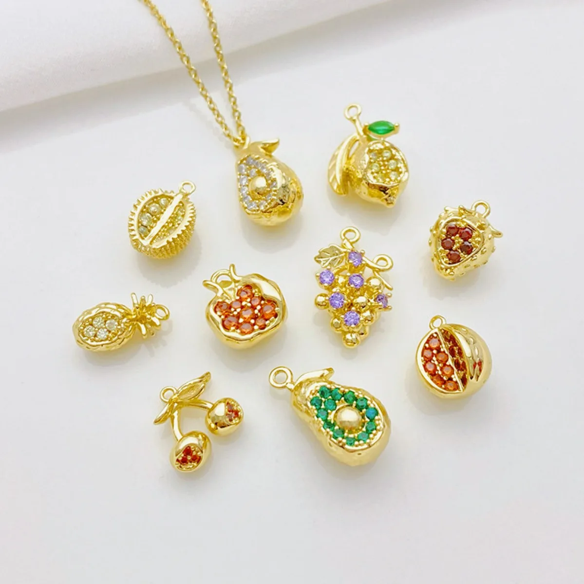 14K Gold Plated Inlaid Cubic Zirconia Fruit Charm Pendant Durian Strawberry Pitaya DIY Findings for Necklace Jewelry Making