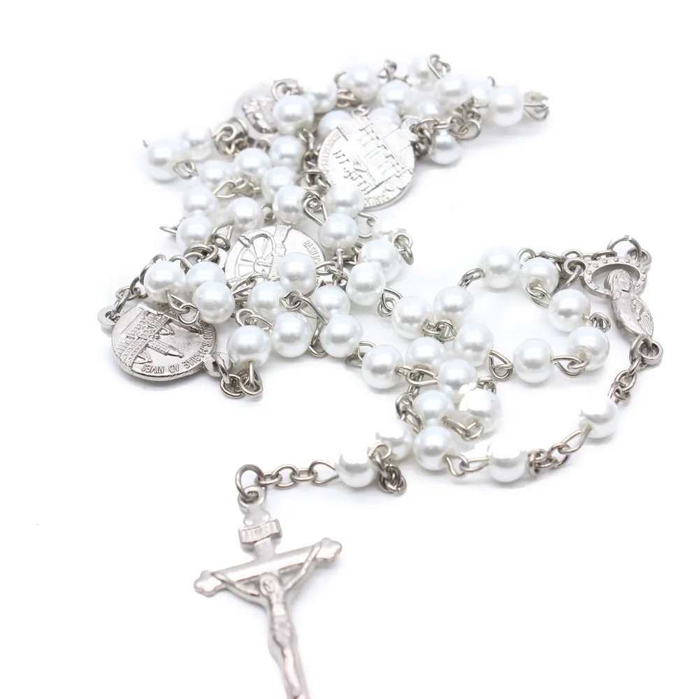 Catholic Black Crystal Cross Pendant Necklace Vintage Men and Women Jesus Religious Jewelry Rose Prayer Beads 8mm Gothic Alloy