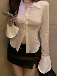 White Office Women Chiffon Shirt Pocket Button Lapel Ladies Blouse Spring Commuter Long Sleeve New Female Crop Tops Korean